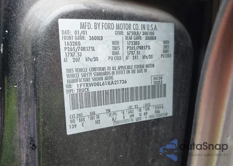 2001 Ford F-150 King Ranch Edition/Lariat/Xlt z USA, uszkodzony, nr VIN 1FTRW08L61KA21736